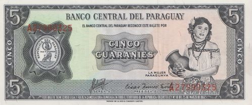 5 Guaranies Paraguay L.1952 195b