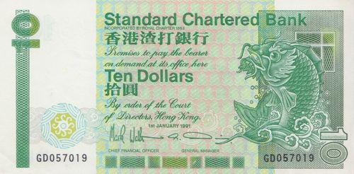 10 Dollars Hongkong 1991 278d