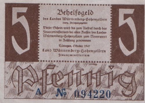 5 Pfennig Württemberg-Hohenzollern 1947 214a