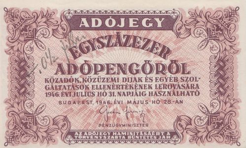 100.000 Adópengö Ungarn 1946 144e