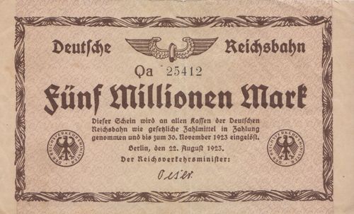 5 Million Mark German Railways 1923 S1013ab