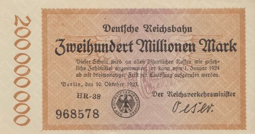 200 Million Mark German Railways 1923 S1018c