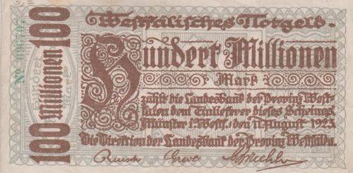 100 Mio. Mark Provinz Westfalen 1923 WFA19a