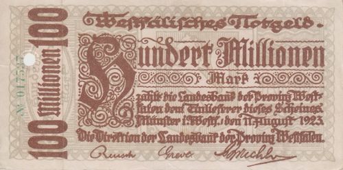 100 Mio. Mark Provinz Westfalen 1923 WFA19b
