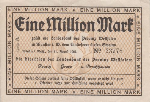 1 Mio. Mark Provinz Westfalen 1923 WFA12a