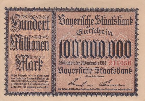 100 Mio. Mark Bayer. Staatsbank 1923 BAY224a