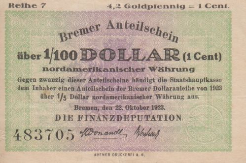 1/100 Dollar Bremen 1923 BRE20b