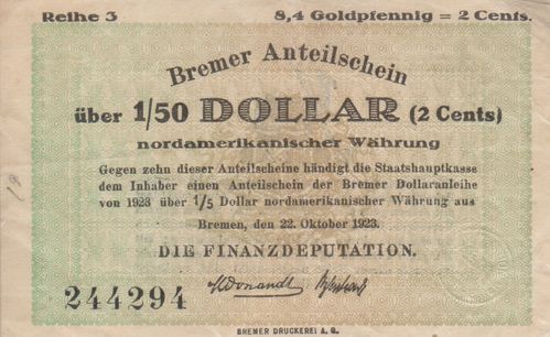 1/50 Dollar Bremen 1923 BRE21a