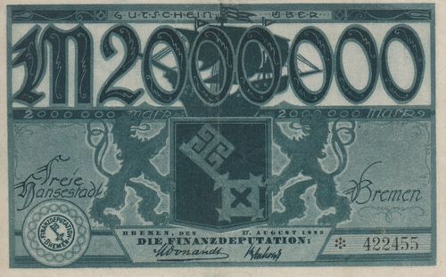 2 Millionen Mark Bremen 1923 BRE14c