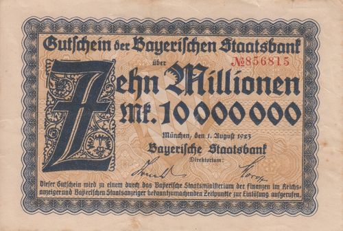 10 Mio. Mark Bayer. Staatsbank 1923 BAY221a