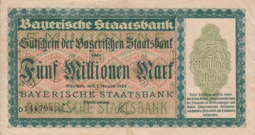 5 Mio. Mark Bayer. Staatsbank 1923 BAY220d